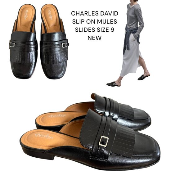 CHARLES DAVID BLACK TASSEL SLIDES SLIP ON MULES SIZE 9 NEW - Picture 1 of 4